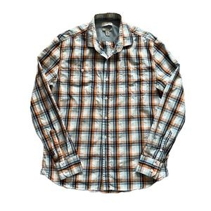 Le Chateau Plaid Tailored Blue Orange Button Down Long Sleeve Dress Shirt Med